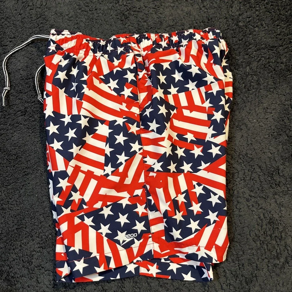 Speedo Swim Trunks Shorts men's Small Stars Stripes mesh lined Americana USA